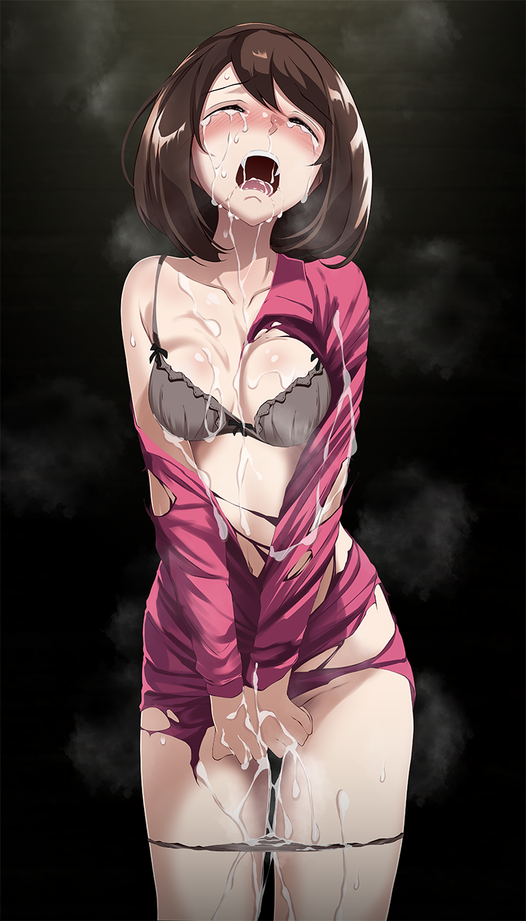 1girl after_rape black_background bra breasts brown_bra brown_hair brown_panties cleavage closed_eyes collarbone covering covering_crotch cowboy_shot crying cum cum_in_mouth cum_on_body cum_on_breasts dress facial gloria_(pokemon) hair_between_eyes highres long_hair long_sleeves medium_breasts open_mouth panties panty_pull pokemon pokemon_(game) pokemon_swsh red_dress solo standing straight_hair thigh_gap torn_clothes torn_dress tsukishiro_saika underwear