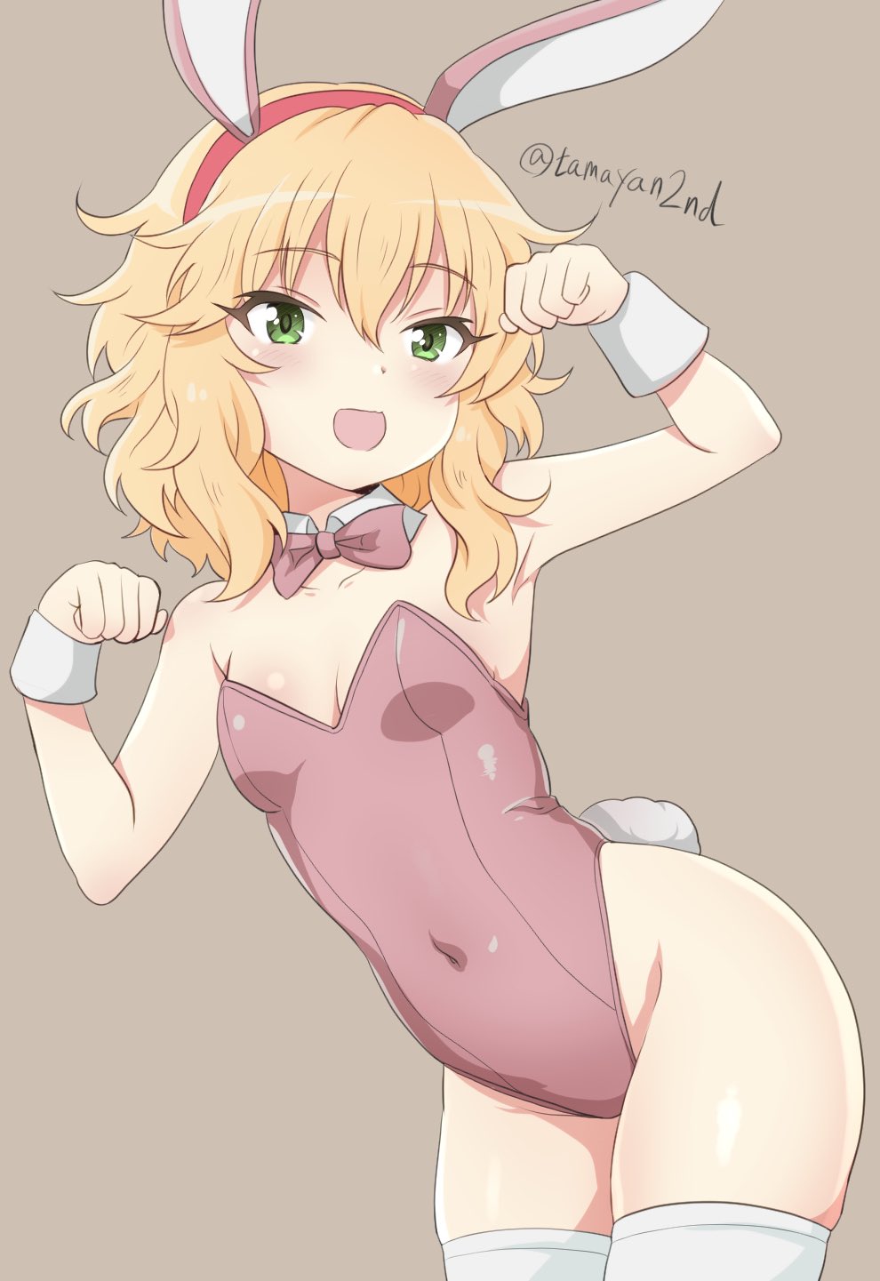 1girl animal_ears blonde_hair blush bow bowtie breasts brown_background commentary covered_navel cowboy_shot detached_collar fake_animal_ears fake_tail green_eyes hair_between_eyes hands_up highleg highleg_leotard highres idolmaster idolmaster_cinderella_girls leotard looking_at_viewer medium_hair open_mouth paw_pose pink_bow pink_bowtie pink_leotard rabbit_ears rabbit_tail sakurai_momoka sidelocks small_breasts smile solo tail tamayan thighhighs thighs twitter_username wavy_hair white_thighhighs wrist_cuffs