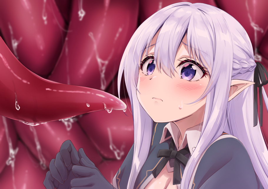 1girl bassa black_gloves black_ribbon blush braid breasts cleavage closed_mouth collared_dress dress frown gloves hair_ribbon long_hair original pointy_ears purple_eyes purple_hair ribbon sweatdrop tentacle_pit tentacles upper_body