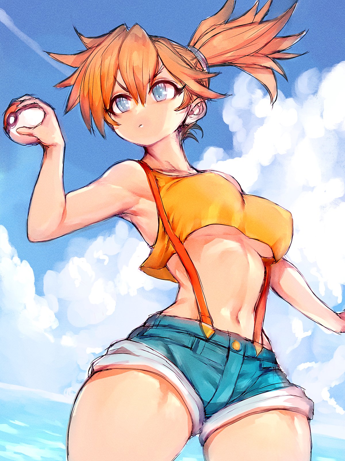 1girl closed_mouth eyelashes fumio_(rsqkr) green_eyes green_shorts hand_up highres holding holding_poke_ball looking_at_viewer misty_(pokemon) navel one_eye_closed orange_hair outstretched_arms poke_ball poke_ball_(basic) pokemon pokemon_(anime) pokemon_(classic_anime) shirt shorts side_ponytail simple_background sleeveless sleeveless_shirt spread_arms suspenders tongue twitter_username yellow_shirt