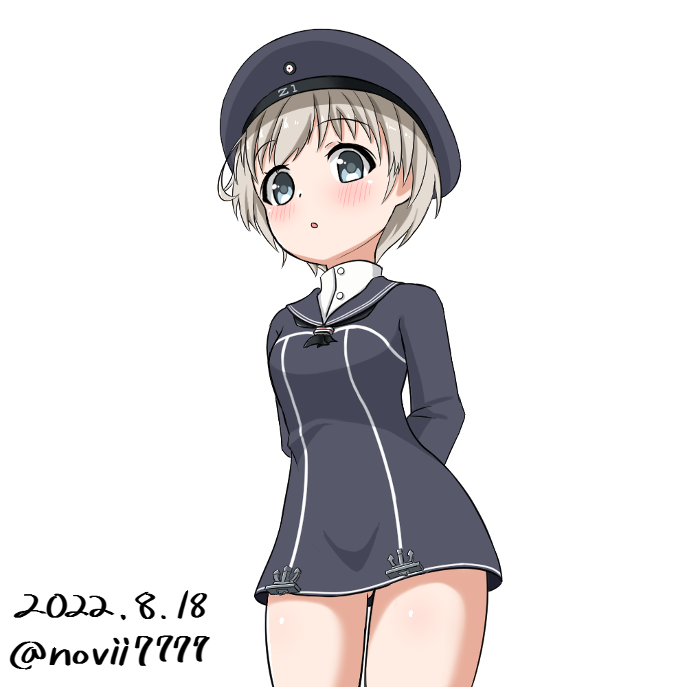 1girl arms_behind_back ass_visible_through_thighs black_dress blue_eyes breasts commentary_request dated dress hat kantai_collection light_brown_hair no._vii sailor_dress sailor_hat short_dress short_hair small_breasts solo twitter_username z1_leberecht_maass_(kancolle)