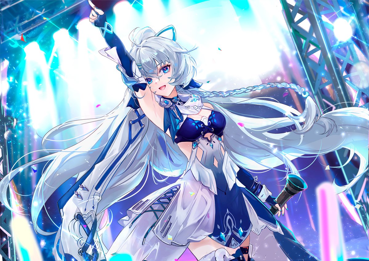 1girl armpits blue_dress blue_eyes blue_hair braid concert confetti dress fingerless_gloves gloves hand_up holding holding_microphone honkai_(series) honkai_impact_3rd idol long_hair microphone open_mouth ponytail scarf shigure_kira smile solo sparkle thighhighs upper_body vardan