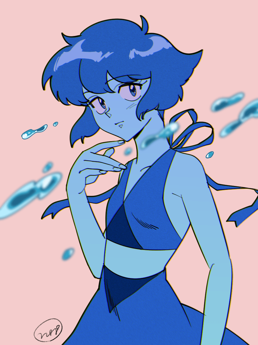 1980s_(style) 1girl blue_eyes blue_hair blue_skin closed_mouth colored_skin commentary_request crop_top flat_chest highres lapis_lazuli_(steven_universe) looking_at_viewer nano8 retro_artstyle short_hair signature simple_background sleeveless solo steven_universe upper_body water