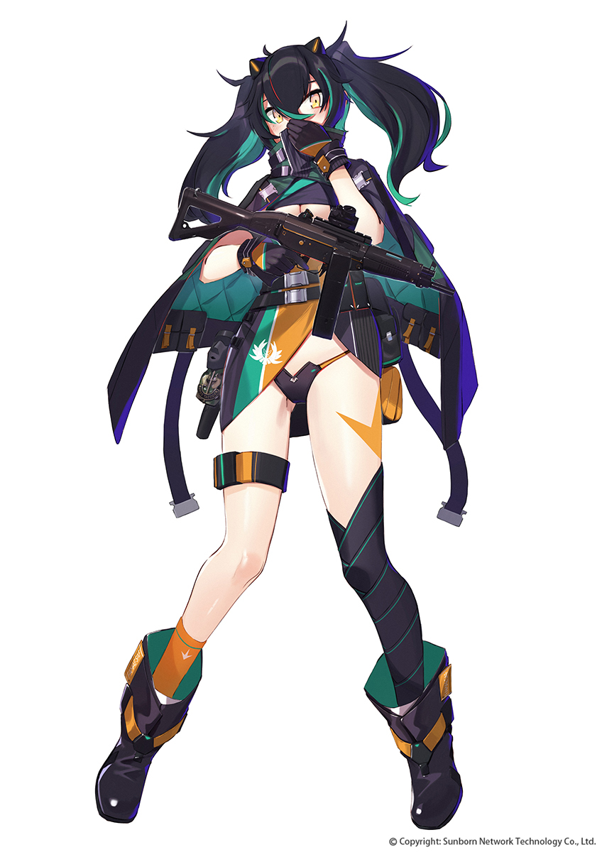 1girl asymmetrical_legwear belt black_footwear black_gloves black_hair black_panties black_thighhighs blue_hair boots breasts capelet cleavage company_name covered_mouth famae_saf full_body girls'_frontline gloves green_capelet green_hair gun hair_between_eyes headgear highres holding holding_gun holding_weapon kneehighs long_hair mismatched_legwear moai multicolored_hair official_art orange_socks panties pouch purple_capelet ranyu saf_(girls'_frontline) scope single_kneehigh single_sock single_thighhigh snap-fit_buckle socks solo standing streaked_hair thigh_strap thighhighs twintails two-tone_capelet two-tone_hair underboob underwear uneven_legwear weapon white_background yellow_eyes