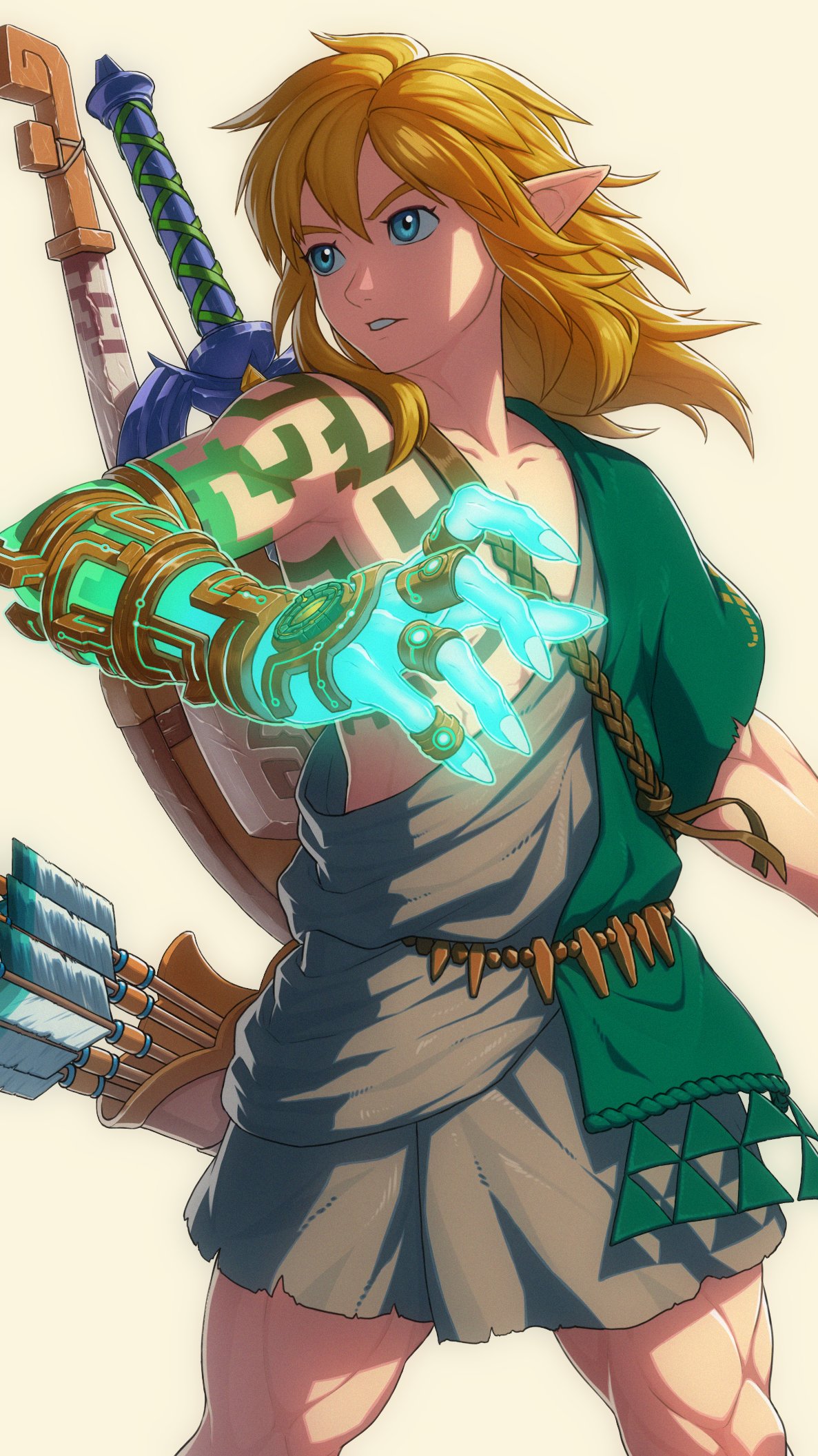 1boy archaic_set_(zelda) arrow_(projectile) bite_addict blonde_hair blue_eyes bow_(weapon) commentary fingernails floating_hair glowing glowing_arm hair_between_eyes highres link long_hair male_focus master_sword pointy_ears quiver shield simple_background solo sword tattoo the_legend_of_zelda the_legend_of_zelda:_tears_of_the_kingdom triforce_print weapon white_background