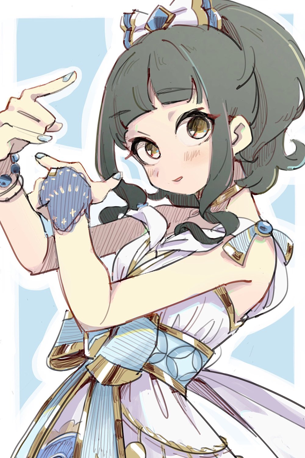 1girl \m/ aqua_bow aqua_nails blunt_bangs blush border bow brown_eyes commentary_request dress from_side fujii_tomo gold_choker gold_trim green_hair hair_bow hands_up high_ponytail highres idolmaster idolmaster_cinderella_girls imay3927 looking_at_viewer looking_to_the_side multiple_bracelets off-shoulder_dress off_shoulder outline outside_border parted_lips sidelocks simple_background single_wrist_cuff solo upper_body waist_bow wavy_hair white_border white_bow white_dress white_outline wrist_cuffs