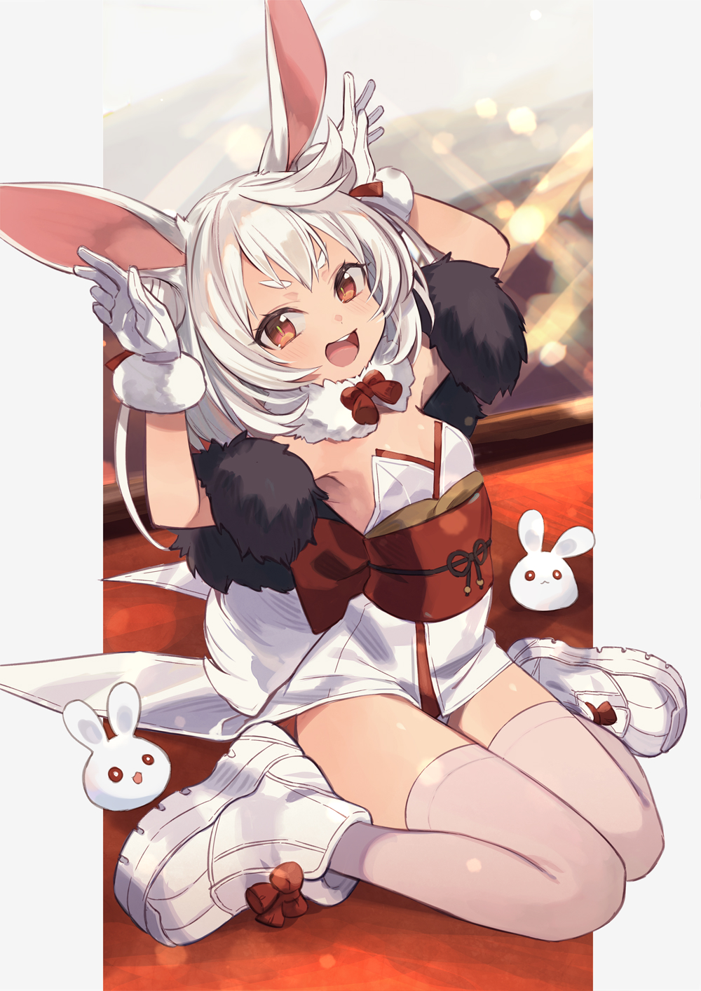 1girl :d animal_ears armpits arms_up bare_shoulders breasts brown_eyes commentary_request fur-trimmed_gloves fur_trim gloves highres looking_at_viewer obi original pink_thighhighs rabbit_ears rabbit_girl rabbit_pose rabbit_tail sash shoes short_eyebrows sitting small_breasts smile solo strapless tail thick_eyebrows thighhighs v-shaped_eyebrows wariza white_footwear white_gloves white_hair yuko_(uc_yuk)