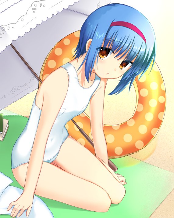 1girl arm_support arms_at_sides bare_arms beach blanket blue_hair breasts collarbone commentary_request commission day expressionless eyes_visible_through_hair hair_between_eyes hairband leaning_forward light_blush little_busters! looking_at_viewer medium_hair navel nishizono_mio one-piece_swimsuit orange_innertube otou_(otou_san) outdoors parted_lips polka_dot_innertube red_hairband sitting small_breasts solo swimsuit umbrella upturned_eyes variant_set white_one-piece_swimsuit yellow_eyes yokozuwari