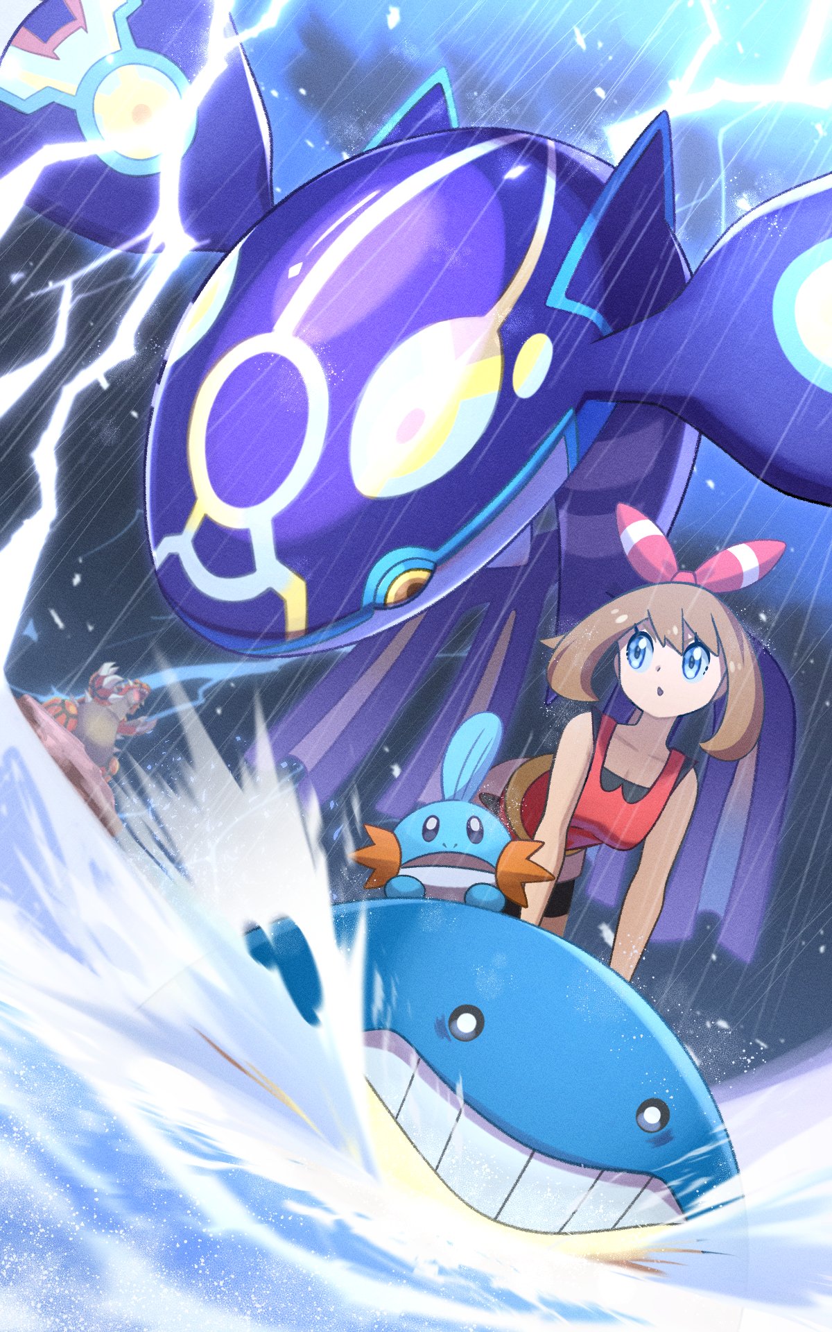 1girl blue_eyes bow brown_hair groudon hair_bow highres inana_umi kyogre lightning looking_at_another may_(pokemon) mudkip parted_lips pokemon pokemon_(game) pokemon_oras primal_kyogre rain red_bow red_shirt shirt sleeveless sleeveless_shirt storm wailmer water