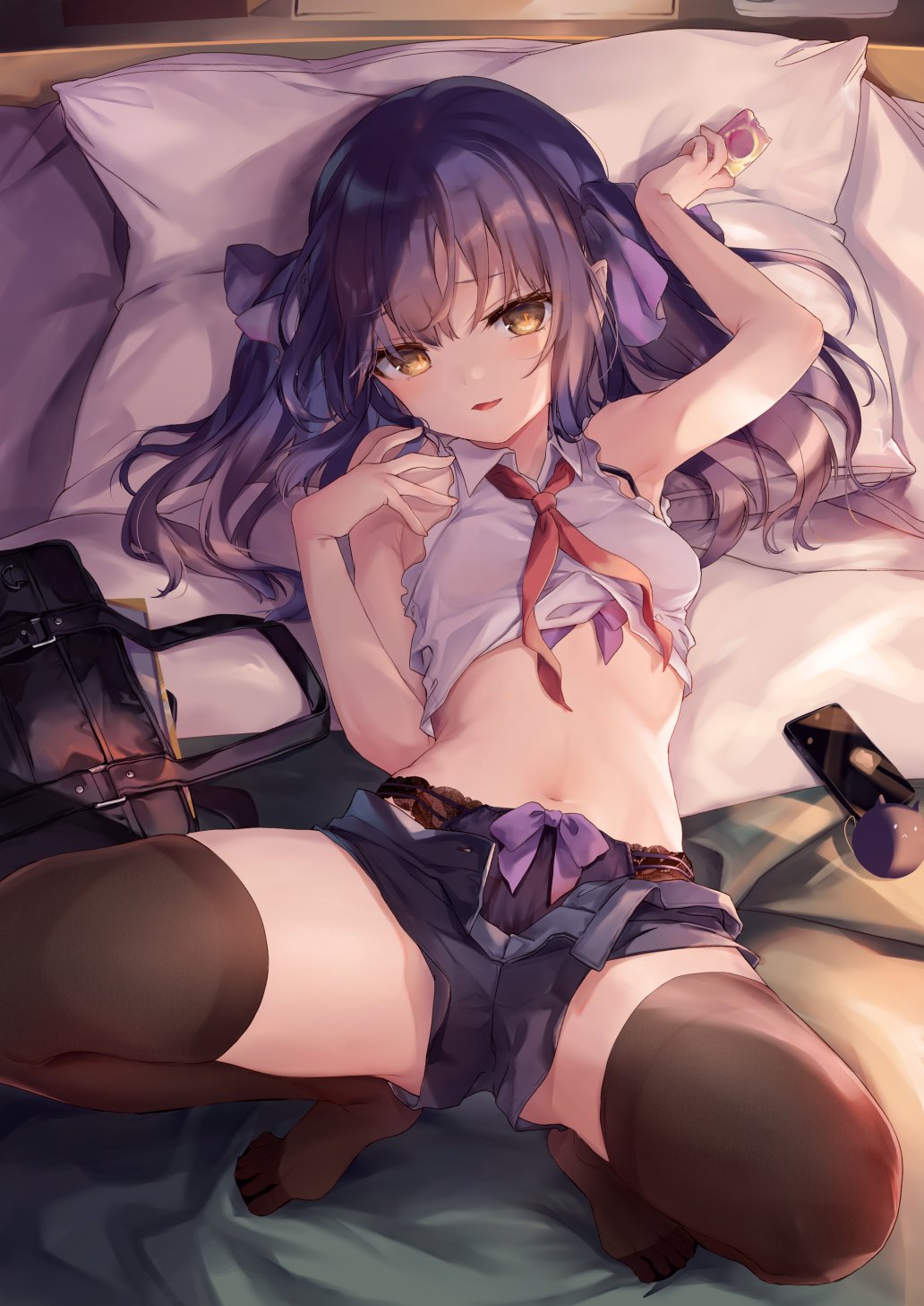 1girl arm_up armpits bag bare_arms bare_shoulders black_hair black_panties black_shorts black_thighhighs blanket bow bra bra_peek breasts cellphone clothes_pull collared_shirt condom condom_wrapper crop_top feet hair_ribbon hand_up highres holding kedama_milk lingerie long_hair looking_at_viewer lying midriff navel neckerchief no_shoes on_back open_fly open_mouth panties phone pillow purple_bow ribbon school_bag shirt short_shorts shorts shorts_pull sleeveless sleeveless_shirt small_breasts smartphone smile solo stomach sutora-chan thighhighs thighs toes twintails underwear white_shirt yellow_eyes zenbu_kimi_no_sei_da