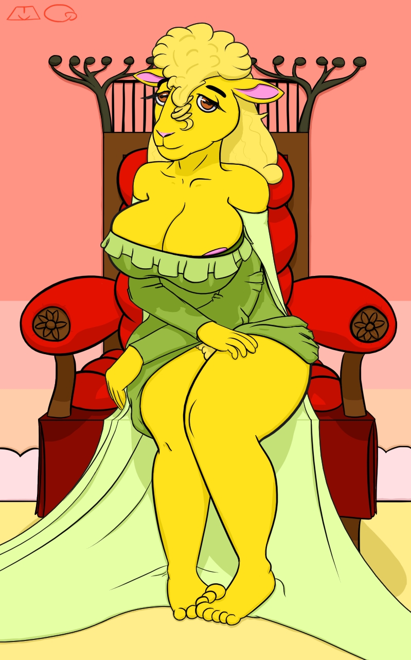 anthro big_breasts blonde_hair bovid breasts caprine chair female fur furniture gown hair hi_res mammal mystery-goop renaissance sheep solo thick_thighs yellow_body yellow_fur