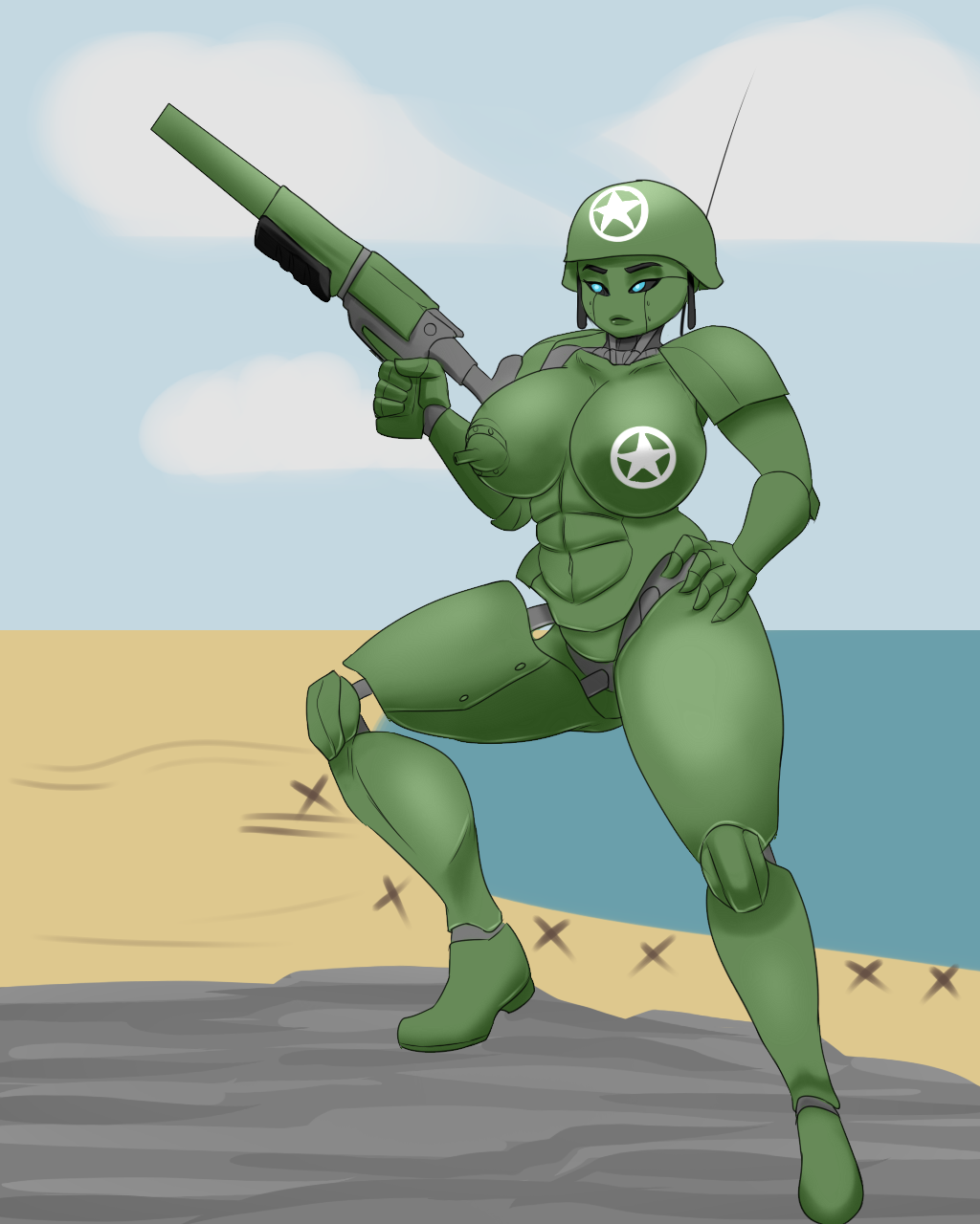 anthro big_breasts blackbetty breasts female gun headgear hi_res holding_object holding_weapon living_machine machine nipples not_furry nude ranged_weapon solo tank thick_thighs vehicle weapon