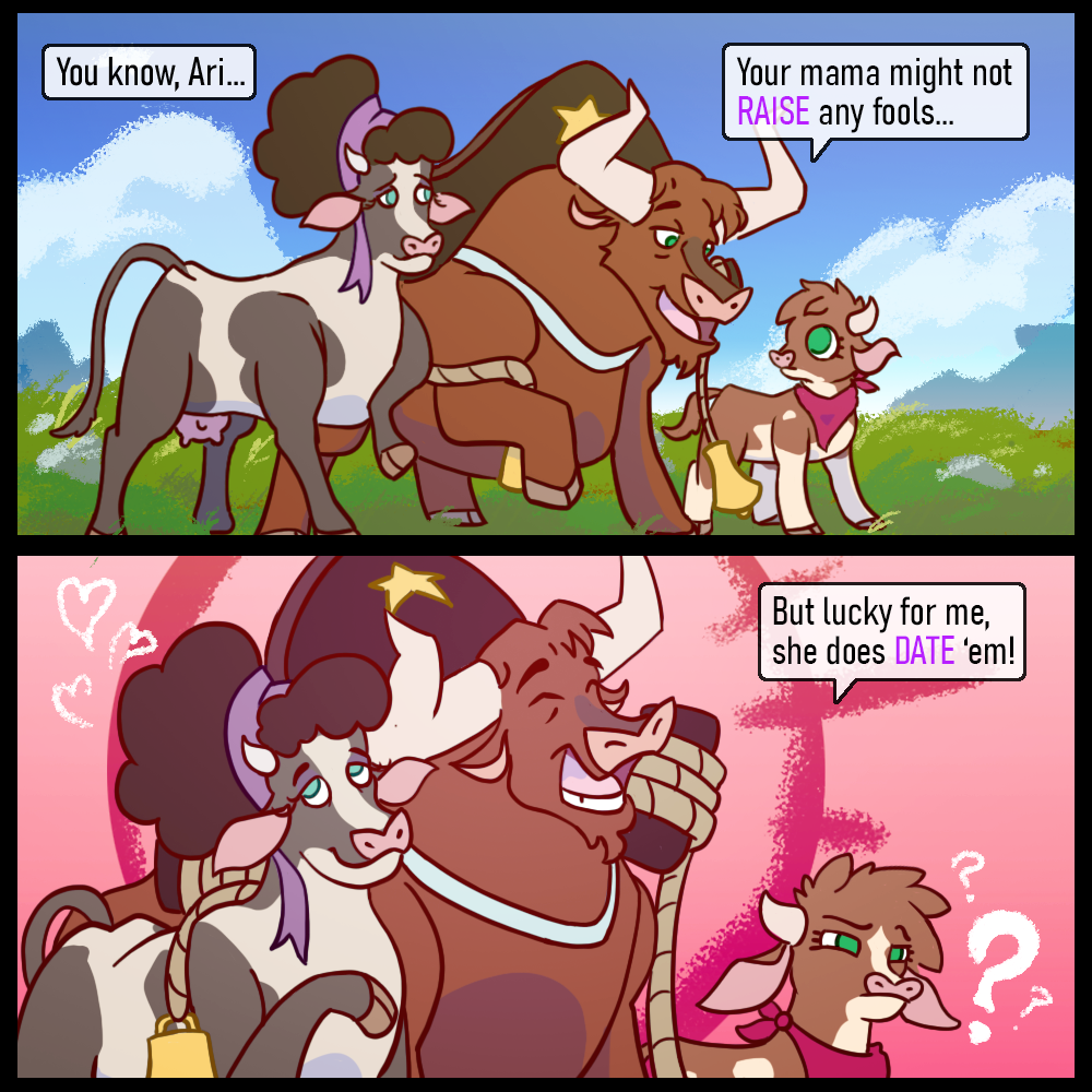 2koma arizona_cow_(tfh) bovid bovine cattle comic daughter dialogue father female feral group humor love male mammal minnesota_(tfh) mother parent texas_(tfh) tfhtrivia them's_fightin'_herds trio