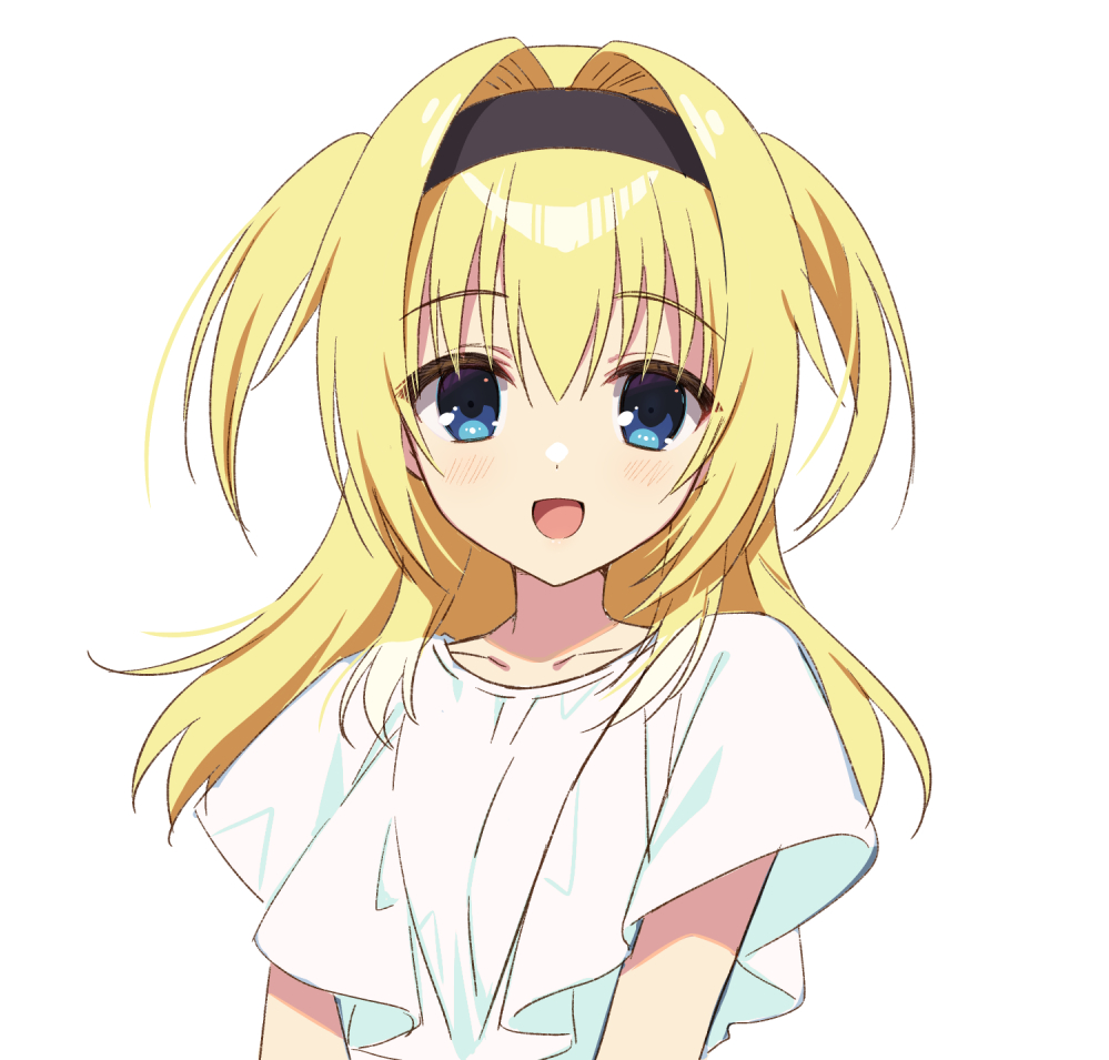 1girl :d black_hairband blonde_hair blue_eyes blush chitose_sana collarbone colored_eyelashes commentary_request hair_intakes hairband happy long_hair looking_at_viewer muririn open_mouth shirt short_sleeves simple_background smile solo straight-on tenshinranman two_side_up upper_body white_background white_shirt