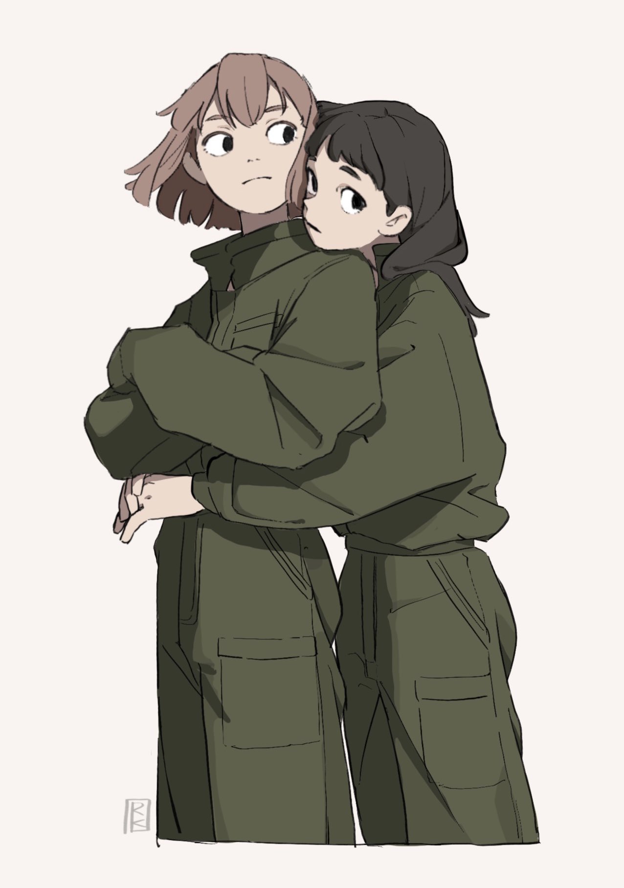 androgynous black_eyes black_hair brown_hair cargo_pants cropped_legs green_jacket green_pants highres hug hug_from_behind jacket kimura_731 medium_hair original pants signature