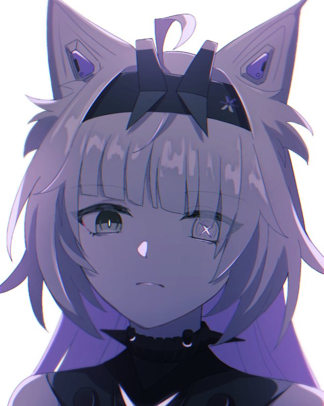 1girl ahoge black_bodysuit black_eyes black_hairband bodysuit closed_mouth espilce_628 grey_eyes grey_hair grey_theme hairband heterochromia long_hair looking_at_viewer mechanical_ears mismatched_pupils multicolored_hair no.21:_feral_scent_(punishing:_gray_raven) no.21_(punishing:_gray_raven) punishing:_gray_raven sidelocks solo symbol-shaped_pupils two-tone_hair white_background wolf x-shaped_pupils