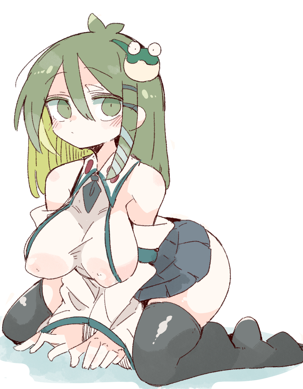 1girl ass bad_anatomy bare_shoulders black_thighhighs blue_skirt blush breasts closed_mouth detached_sleeves frog_hair_ornament green_eyes green_hair hair_between_eyes hair_ornament highres japanese_clothes kochiya_sanae large_breasts long_hair massakasama nontraditional_miko skirt snake_hair_ornament solo thighhighs touhou white_sleeves wide_sleeves