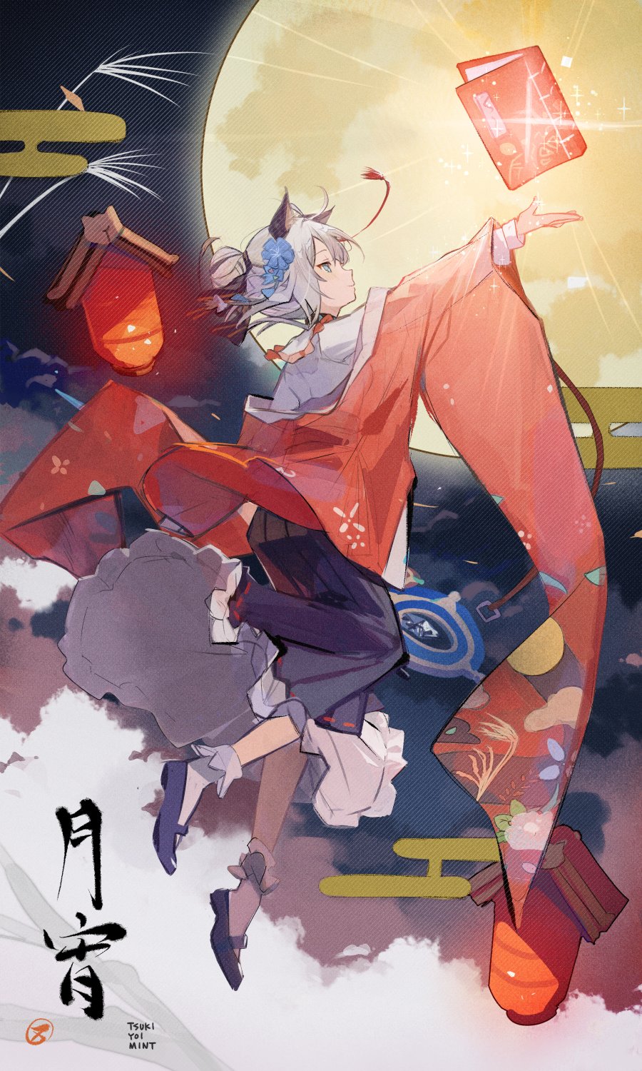 1girl animal_ears arknights black_footwear blue_eyes blue_flower book chinese_text closed_mouth cloud floating flower fox_ears from_side full_body full_moon grey_hair hair_bun hair_flower hair_ornament highres japanese_clothes kimono lantern long_sleeves mint_(arknights) mint_(tsukiyoi)_(arknights) moon night nuudoru outstretched_arm paper_lantern single_hair_bun skirt sky smile socks solo wide_sleeves