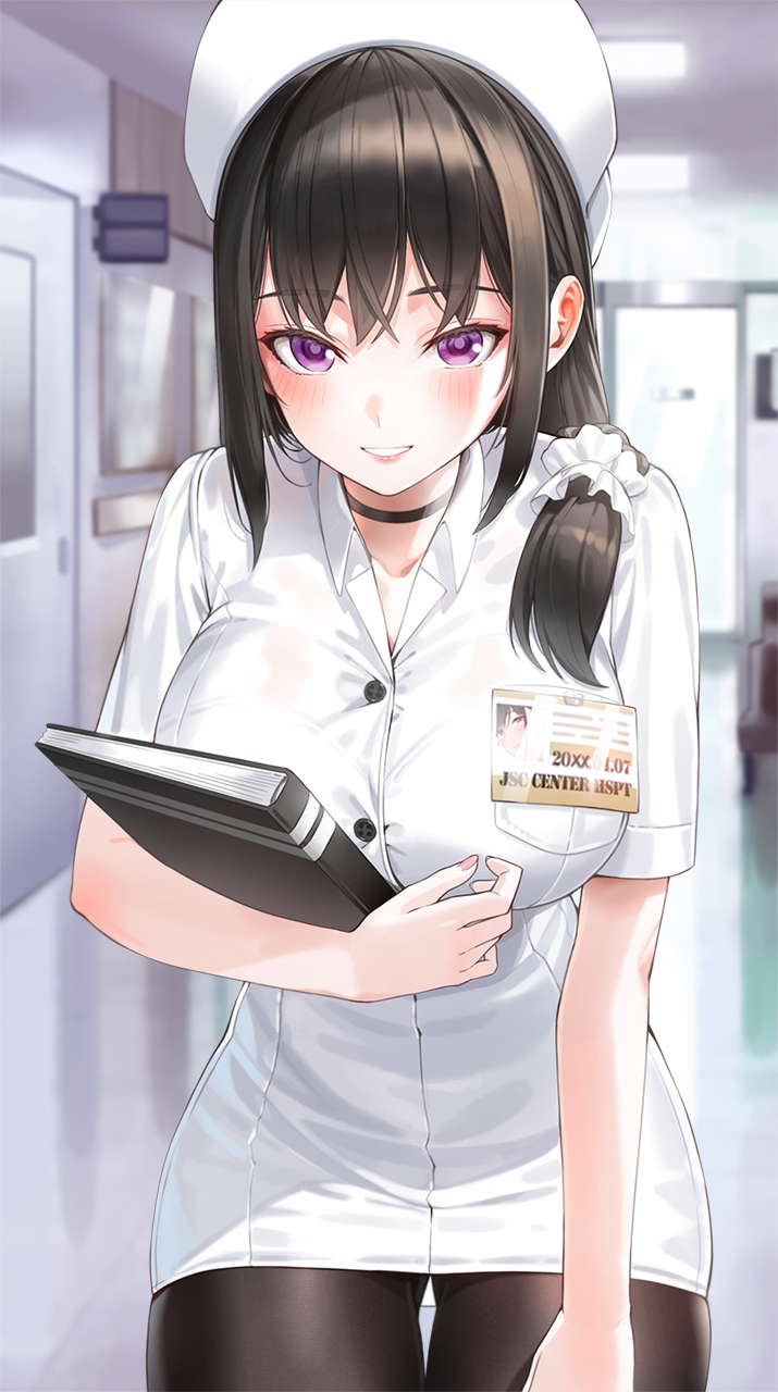 1girl black_choker black_hair black_pantyhose blush book breasts choker commentary_request hat highres holding holding_book kfr large_breasts leaning_forward long_hair looking_at_viewer name_tag nurse nurse_cap original pantyhose sidelocks solo teeth