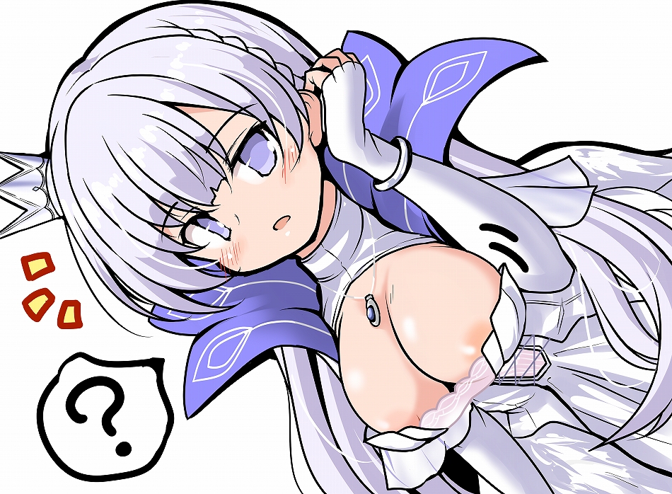 1girl ? areola_slip argus_(azur_lane) azur_lane blue_eyes braid breasts cleavage cleavage_cutout clothing_cutout crown dress dutch_angle grey_hair jewelry large_breasts long_hair looking_at_viewer mini_crown necklace notice_lines open_mouth solo spoken_question_mark tilted_headwear tsuzuri_(tuzuri) white_dress