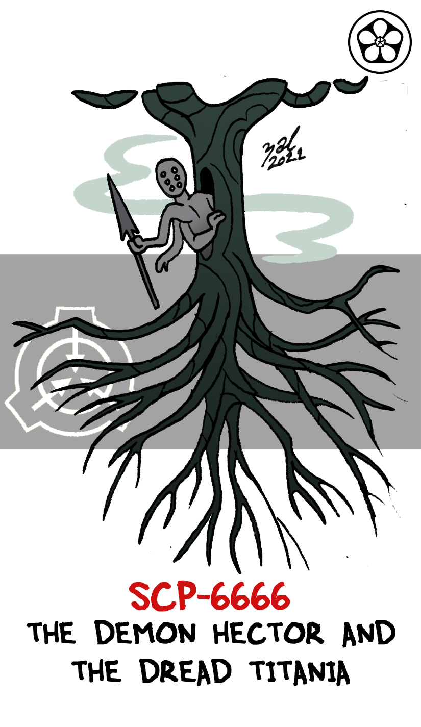 2021 6_arms 6_eyes black_text branch character_name colored dated demon digital_drawing_(artwork) digital_media_(artwork) english_text fog grey_arms grey_body hi_res holding_object holding_spear holding_weapon hole_(pit) hollow_tree humanoid in_tree logo male melee_weapon mouthless multi_arm multi_eye multi_limb noseless not_furry plant polearm red_text scp-6666 scp-6666-a scp_foundation signature simple_background solo spear text tree upside_down weapon white_background white_eyes zal-cryptid