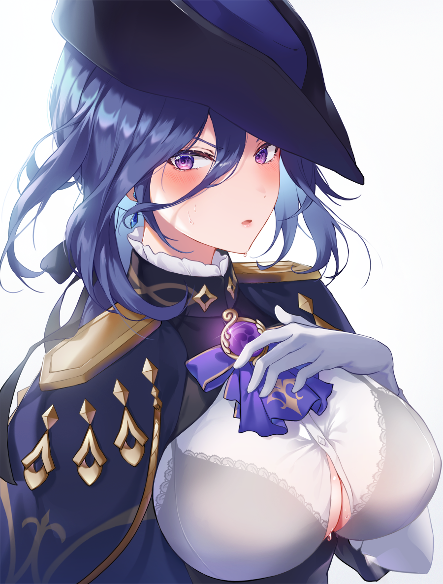 1girl black_bra blue_hair blue_headwear blush bra bra_visible_through_clothes breasts cleavage clorinde_(genshin_impact) embarrassed epaulettes genshin_impact gloves hat helawid jewelry lace lace-trimmed_bra lace_trim large_breasts long_hair looking_at_viewer purple_eyes see-through see-through_shirt shirt solo tricorne underwear vision_(genshin_impact) wet wet_clothes wet_shirt white_gloves white_shirt