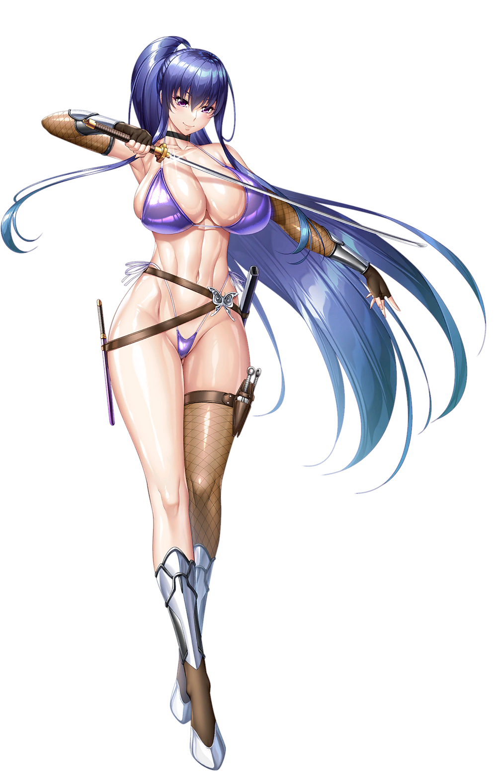 1girl akiyama_rinko alternate_costume aoi_nagisa_(metalder) arms_up bikini breasts cleavage curvy embarrassed full_body highres huge_breasts large_breasts lilith-soft long_hair looking_at_viewer official_alternate_costume official_art ponytail purple_eyes purple_hair shiny_skin smile solo swimsuit sword taimanin_(series) taimanin_rpgx taimanin_yukikaze thick_thighs thighs thong thong_bikini topless translation_request very_long_hair weapon white_background wide_hips