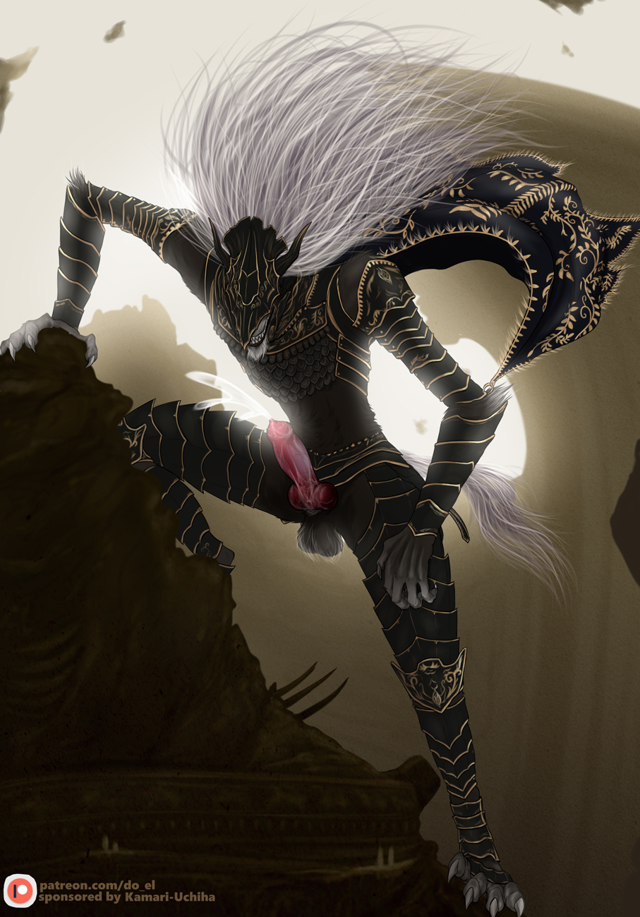 action_pose animal_genitalia animal_penis anthro armor balls bodily_fluids canid canine canine_genitalia canine_penis canis claws cum cumshot dorosheva-e ejaculation elden_ring erection fromsoftware genital_fluids genitals hair headgear helmet hi_res knot long_hair male maliketh_(elden_ring) mammal penis pose sharp_teeth solo teeth toe_claws white_hair wolf