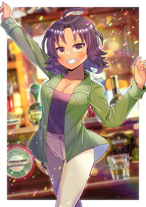 1girl arm_up bangs black_hair black_shirt blurry blurry_background breasts brown_eyes cleavage collarbone commentary_request commission depth_of_field drinking_straw green_jacket grin heineken jacket kou_hiyoyo looking_at_viewer medium_breasts open_clothes open_jacket original outstretched_arm pants parted_bangs shirt skeb_commission smile solo white_pants