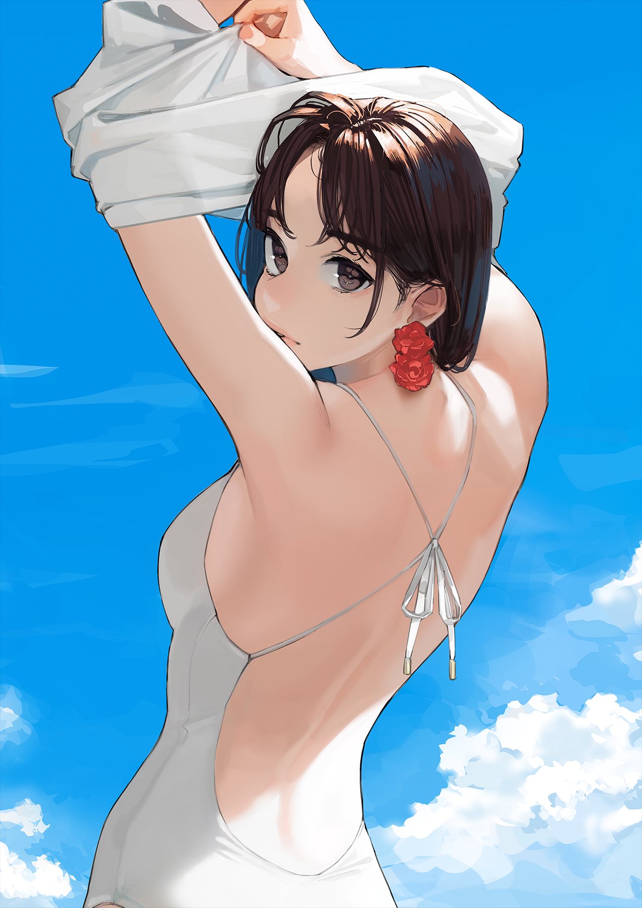 1girl arms_up back blue_sky breasts brown_eyes brown_hair cloud copyright_request day earrings flower_earrings from_behind highres jewelry looking_at_viewer looking_back medium_breasts one-piece_swimsuit shirt short_hair sky solo swimsuit undressing white_one-piece_swimsuit white_shirt yomu_(sgt_epper)