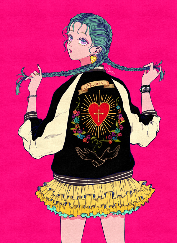 1girl 4awaseyo bracelet cowboy_shot ear_piercing earrings frilled_skirt frills from_behind heart heart_earrings jacket jewelry looking_at_viewer looking_back original piercing pink_background print_jacket signature simple_background skirt solo yellow_skirt