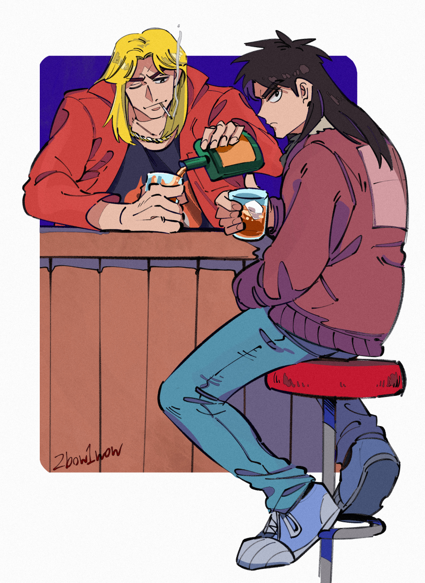 2boys alcohol bar_(place) bar_stool black_eyes black_hair black_shirt blonde_hair blue_footwear blue_pants brown_jacket chain chain_necklace cigarette closed_mouth commentary_request counter cup frown full_body gold_chain highres holding holding_cup ice ice_cube inudori itou_kaiji jacket jewelry kaiji kitami_(kaiji) long_hair long_sleeves looking_at_viewer looking_back male_focus medium_bangs multiple_boys necklace open_clothes open_jacket pants parted_bangs pouring red_jacket shirt shoes smile smoke smoking sneakers stool v-shaped_eyebrows whiskey