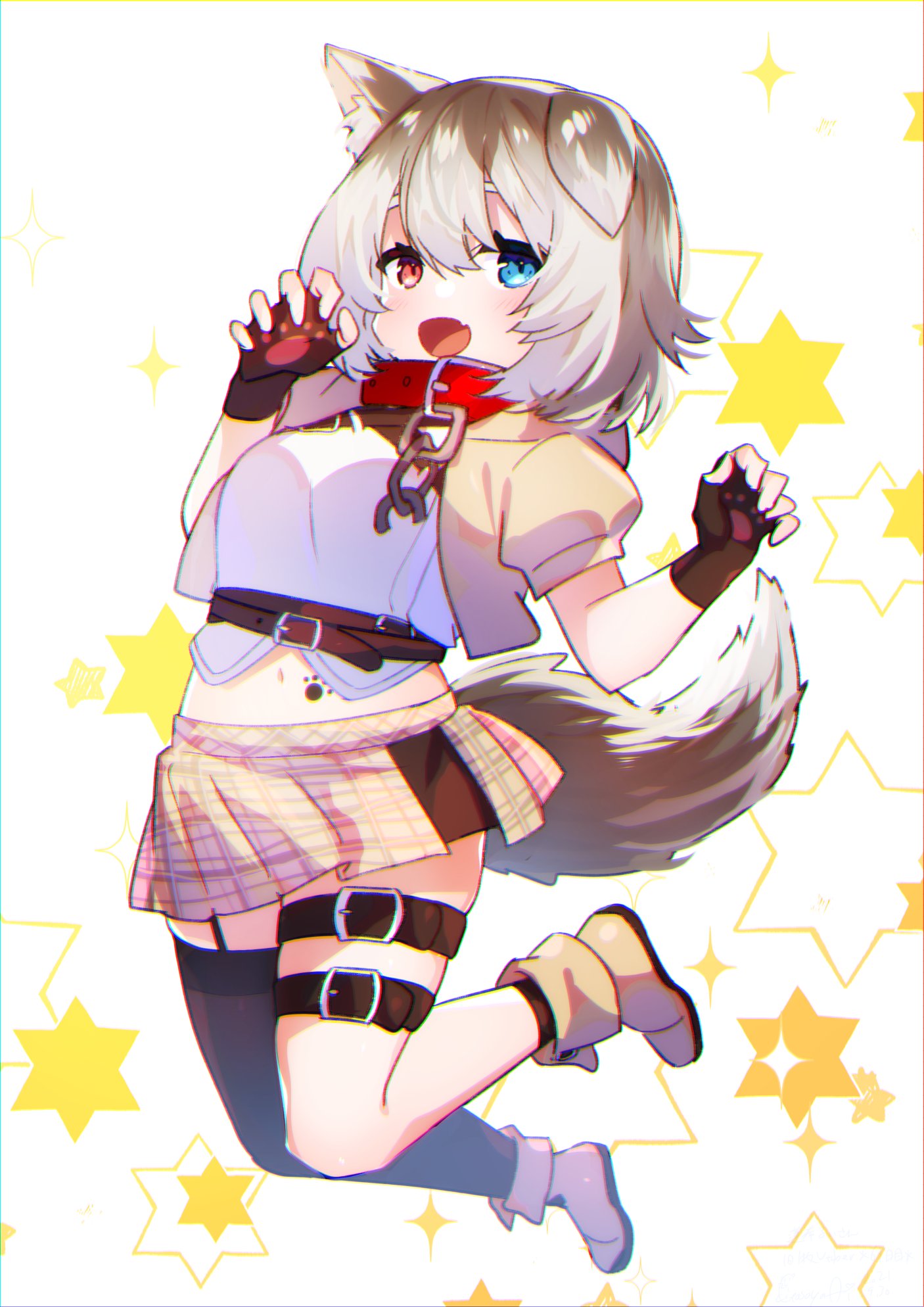 1girl :d animal_ears belt black_gloves blue_eyes boots breasts brown_hair chain chain_leash collar cropped_jacket dog_ears dog_girl dog_tail ear_down fang fingerless_gloves full_body garter_straps gloves hasuki_rui heterochromia highres indie_virtual_youtuber jacket kitasaya_ai leash light_brown_hair medium_breasts medium_hair miniskirt multicolored_hair navel open_clothes open_jacket open_mouth plaid plaid_skirt pleated_skirt puffy_short_sleeves puffy_sleeves red_collar red_eyes short_sleeves single_garter_strap single_thighhigh skin_fang skirt smile tail thigh_strap thighhighs two-tone_hair unaligned_ears virtual_youtuber