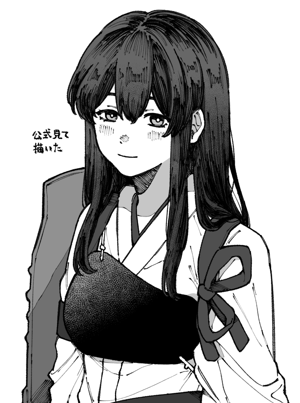 1girl akagi_(kancolle) blush closed_mouth flight_deck greyscale hair_between_eyes highres japanese_clothes kantai_collection long_hair looking_at_viewer monochrome muneate sidelocks simple_background solo sumoffu tasuki translation_request upper_body