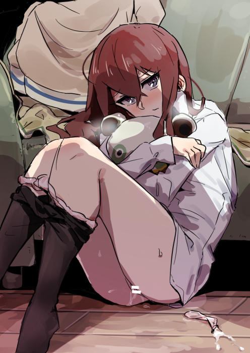 1girl after_sex bar_censor blush censored condom cum doll doll_hug feet_out_of_frame hug indoors long_hair looking_at_viewer makise_kurisu object_hug panties panties_around_one_leg pussy red_hair solo steam steins;gate tagme tai0201 underwear upa_(steins;gate) used_condom