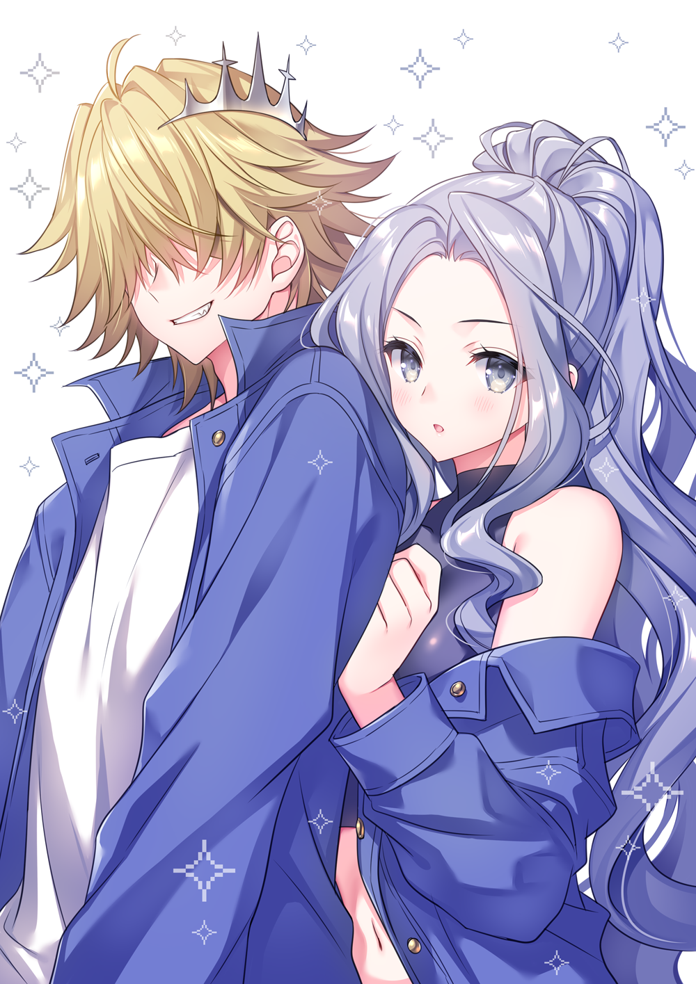 1boy 1girl belphegor_(reborn) black_shirt blonde_hair blue_jacket commission copyright_request covered_collarbone crop_top forehead grey_eyes grey_hair grin hair_over_eyes highres jacket katekyo_hitman_reborn! long_hair looking_at_viewer navel off_shoulder open_clothes open_jacket parted_bangs parted_lips pixiv_commission ponytail sacraneco shirt simple_background sleeveless sleeveless_shirt smile sparkle very_long_hair white_background