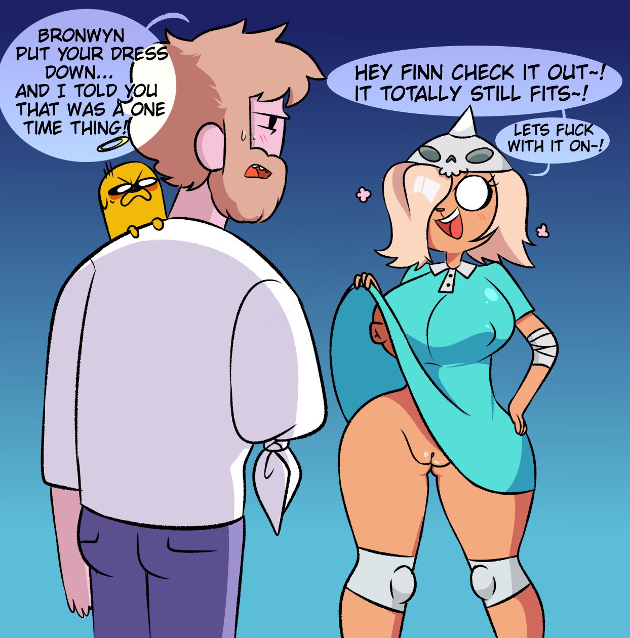 adventure_time age_difference amputee anthro armor bear beard big_breasts blonde_hair blue_background blue_clothing blue_dress blush bottomless bottomless_female bottomwear breasts bronwyn canid canine canis cartoon_network clothed clothing clothing_lift curvy_figure disability domestic_dog dress dress_lift duo exposed_breasts eye_contact eyelashes facial_hair female finn_the_human hair hair_over_eye halo happy headgear helmet hi_res human hybrid inviting inviting_to_sex jake_the_dog looking_at_another male male/female mammal naked_underneath nipple_outline no_underwear older_human older_male one_eye_obstructed open_mouth pants partially_clothed pixelz pixelzsinful presenting protective_gear rainicorn shirt short_hair simple_background speech_bubble spikes spikes_(anatomy) talking_to_another talking_to_partner thick_thighs topwear visible_nipples voluptuous voluptuous_female white_eyes wide_hips younger_anthro younger_female