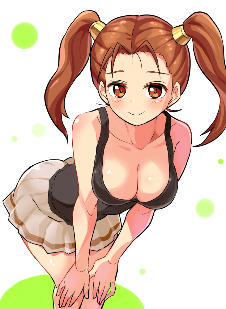 1girl black_tank_top blush breasts brown_eyes brown_hair cleavage closed_mouth collarbone commission contemporary cougar_(cougar1404) dragon_quest dragon_quest_viii earrings hair_ornament hand_on_own_knee jessica_albert jewelry large_breasts leaning_forward light_blush long_hair looking_at_viewer skeb_commission skirt smile solo standing tank_top twintails