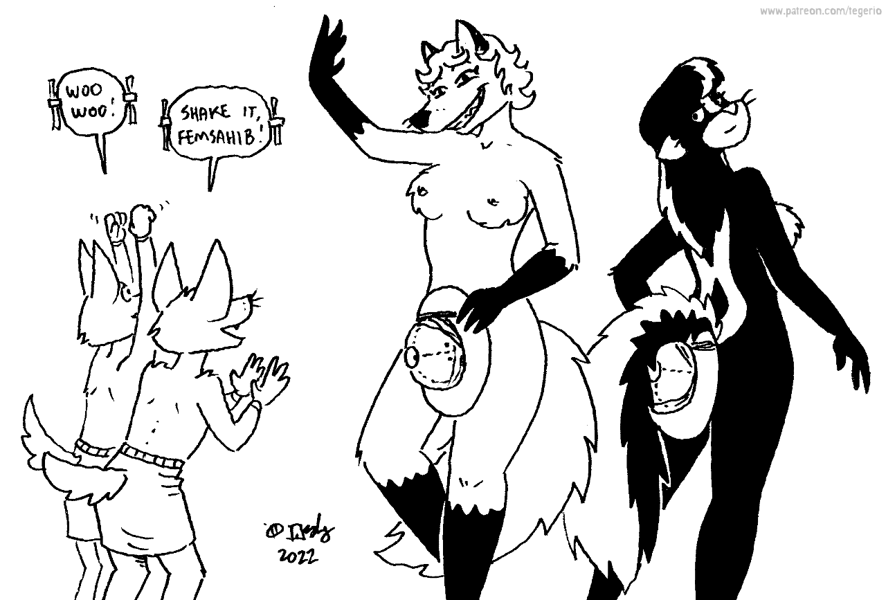 2022 anthro armor black_and_white breasts canid canine clothed clothing constance_dugal_(tegerio) dialogue english_text female fennec fox fur furgonomics grin group hair headgear helmet looking_back mammal mephitid monochrome nipples nude open_mouth pith_helmet red_fox skunk smile tail_through_skirt tegerio text topless whiskers zandar's_saga zandar_skonk