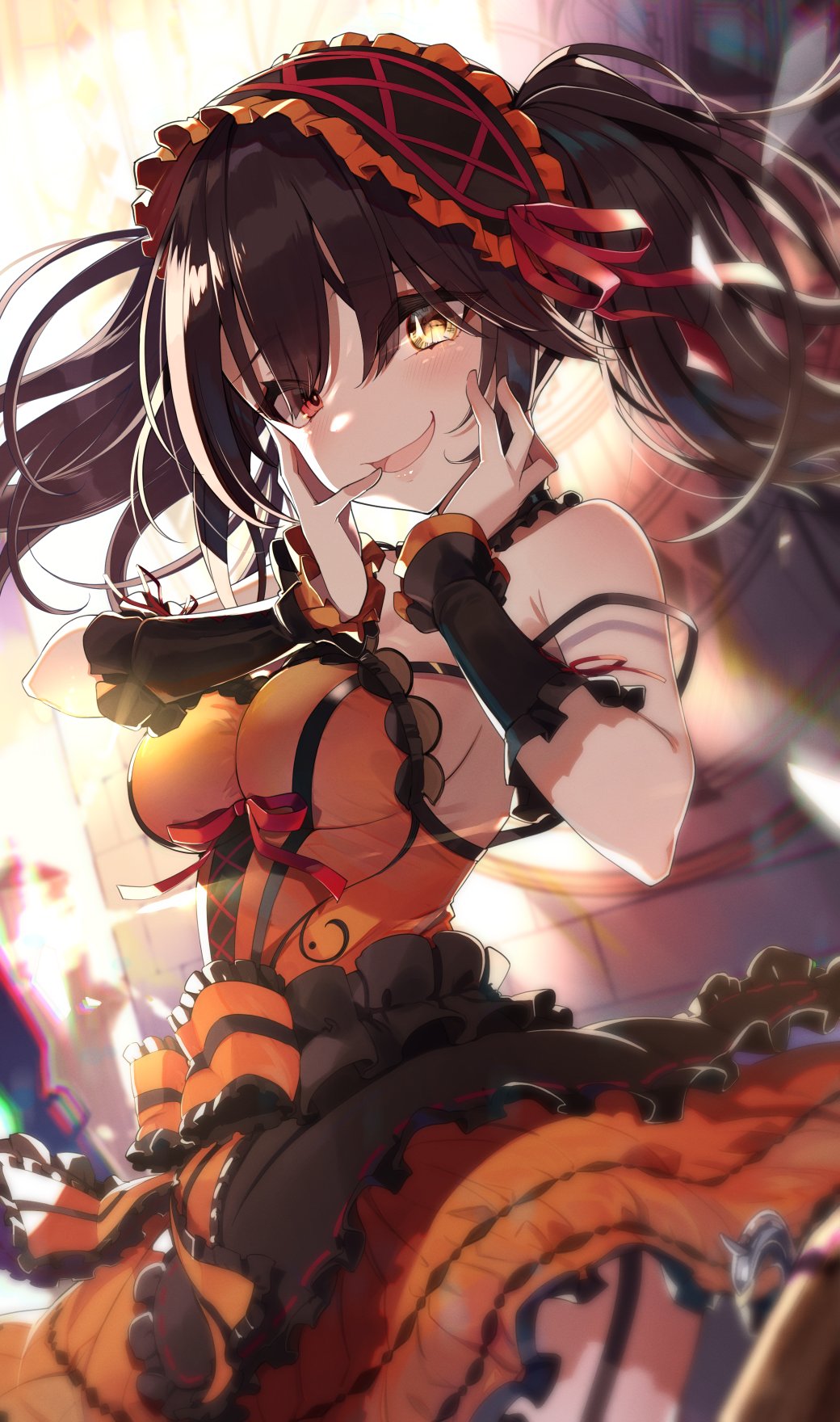 1girl bare_shoulders black_hair blurry blush breasts chromatic_aberration date_a_live depth_of_field detached_collar detached_sleeves dress frilled_hairband frills garter_straps hairband hands_on_own_cheeks hands_on_own_face heterochromia highres long_hair looking_at_viewer medium_breasts nino_(shira) open_mouth orange_dress red_eyes red_ribbon ribbon sleeveless sleeveless_dress smile solo strap_slip tokisaki_kurumi twintails yellow_eyes