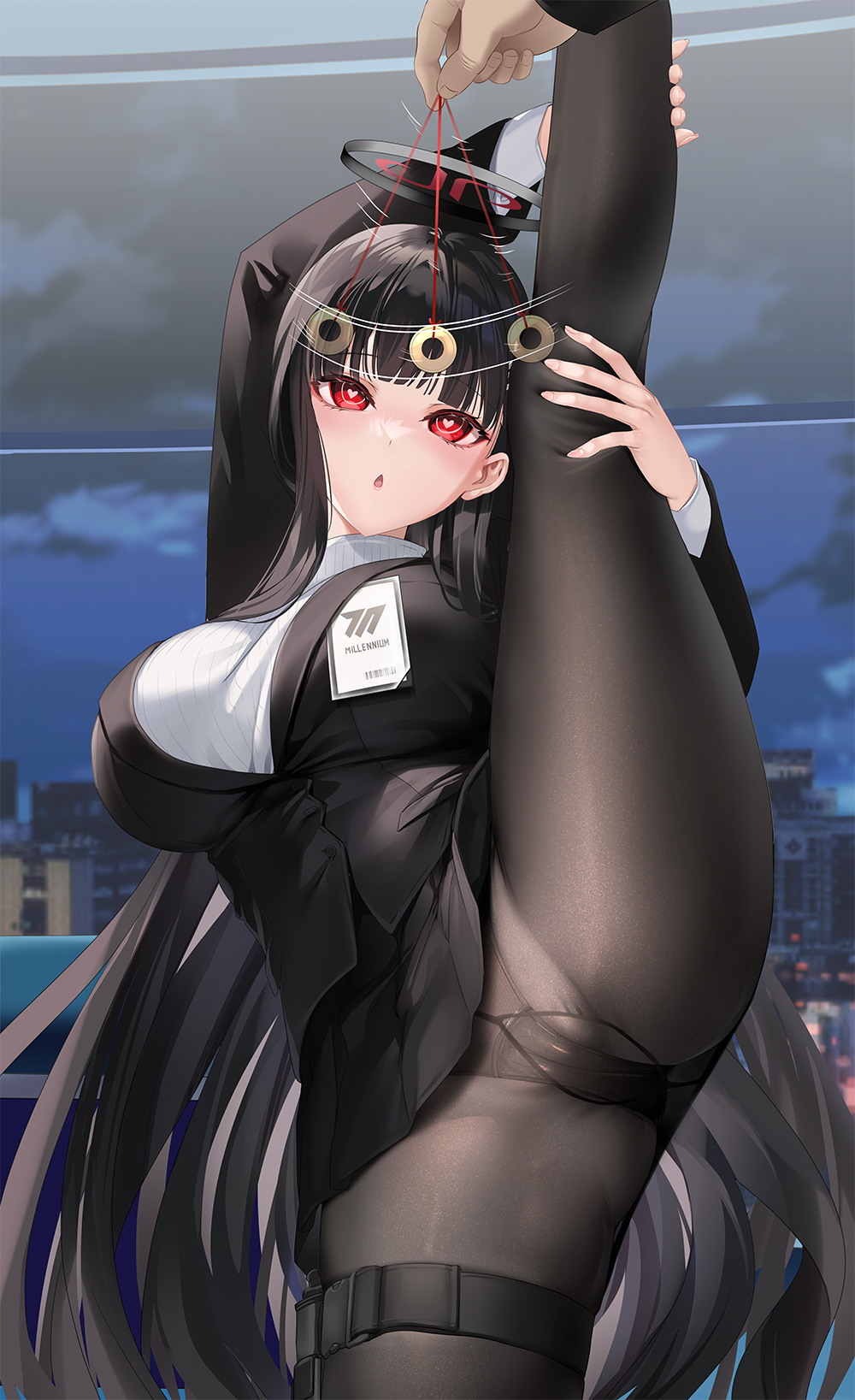 1girl black_hair black_panties black_pantyhose black_skirt blue_archive breasts cityscape cowboy_shot halo heart heart-shaped_pupils highres hypnosis large_breasts long_hair microskirt mind_control mvv panties panties_under_pantyhose pantyhose pendulum red_eyes rio_(blue_archive) skirt split standing standing_on_one_leg standing_split symbol-shaped_pupils thigh_strap thighs underwear very_long_hair