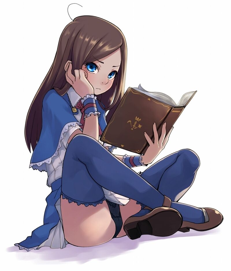 1girl ascot black_panties blouse blue_capelet blue_eyes blue_skirt blue_thighhighs book brown_footwear brown_hair butterfly_sitting capelet castlevania castlevania:_portrait_of_ruin charlotte_aulin commentary_request cowlick holding holding_book lace lace-trimmed_legwear lace_panties lace_trim long_hair looking_at_viewer panties pantyshot pleated_skirt reading red_ascot shirt shoes simple_background sitting skirt solo stupa13a thighhighs underwear white_shirt