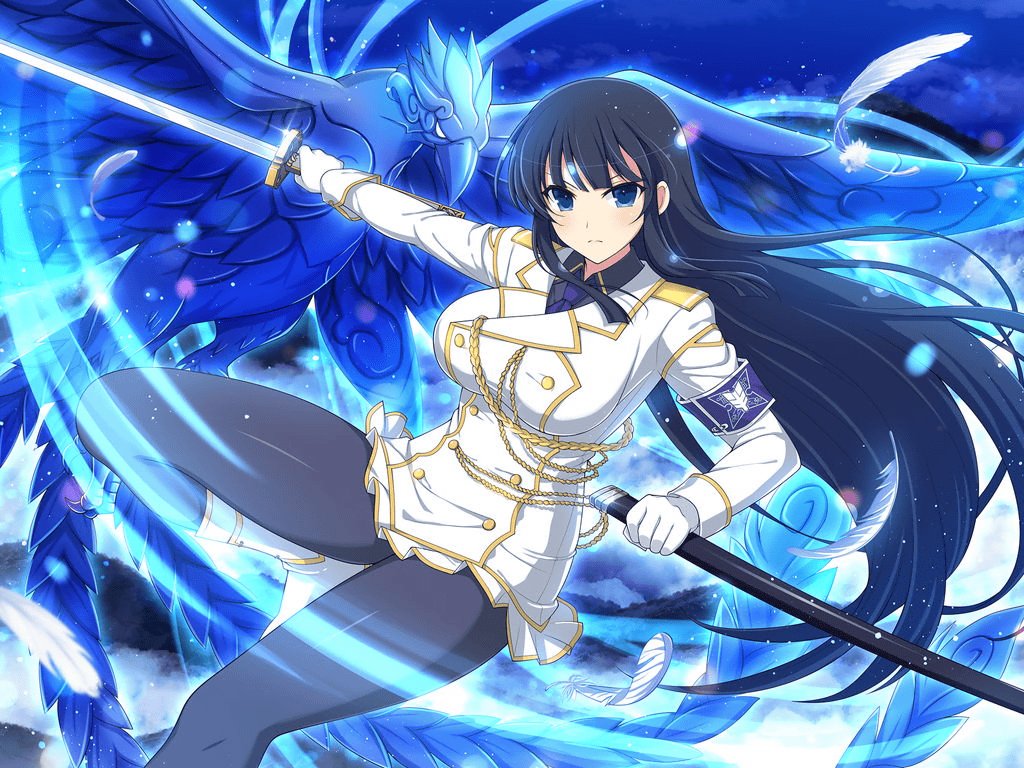 1girl aiguillette armband beak bird black_hair black_pantyhose black_shirt blue_eyes blue_fire blue_necktie blunt_bangs blush boots breasts buttons closed_mouth cloud double-breasted emblem energy falling_feathers feathers fiery_wings fire flame gloves holding holding_sheath holding_sword holding_weapon ikaruga_(senran_kagura) lake large_breasts light_particles long_hair long_sleeves looking_at_viewer midair motion_lines mountain mountainous_horizon necktie night night_sky official_art ootachi outdoors pantyhose phoenix pleated_skirt river saya_(scabbard) scabbard school_emblem senran_kagura senran_kagura_new_link senran_kagura_shoujo-tachi_no_shin'ei sheath shirt skirt sky sleeve_cuffs solo sparkle star_(sky) starry_sky sword talons unsheathed water weapon white_footwear white_gloves wings yaegashi_nan
