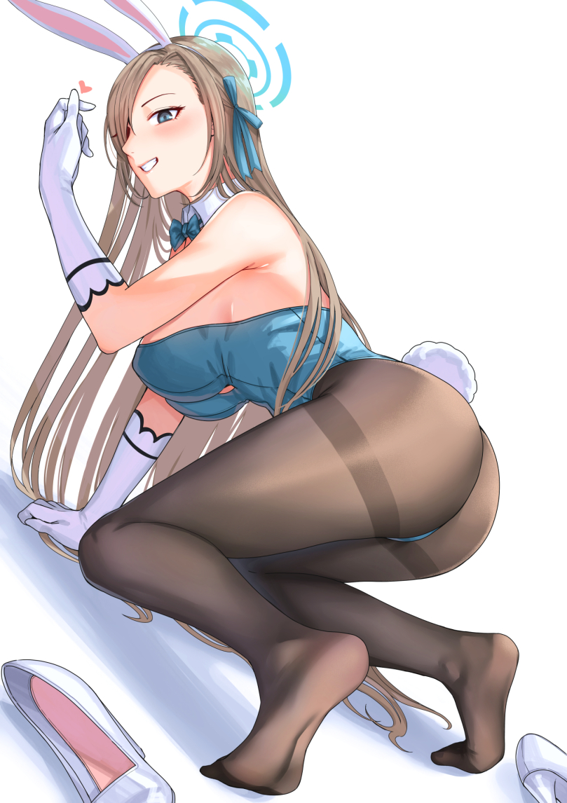 1girl all_fours animal_ears arm_support armpit_crease ass asuna_(blue_archive) asuna_(bunny)_(blue_archive) bangs blue_archive blue_bow blue_bowtie blue_eyes blue_leotard blue_ribbon blush bow bowtie breasts brown_hair brown_pantyhose collar commentary_request detached_collar dutch_angle elbow_gloves eyelashes fake_animal_ears fake_tail feet fine_fabric_emphasis from_side full_body gloves hair_over_one_eye hair_ribbon hairband halo hand_up high_heels highleg highleg_leotard kyuuso_inukami large_breasts legs leotard long_hair looking_at_viewer no_shoes official_alternate_costume pantyhose parted_bangs partial_commentary playboy_bunny rabbit_ears rabbit_tail ribbon shadow shoes shoes_removed sideboob simple_background soles solo strapless strapless_leotard tail teeth thighband_pantyhose thighs toes white_background white_collar white_footwear white_gloves white_hairband