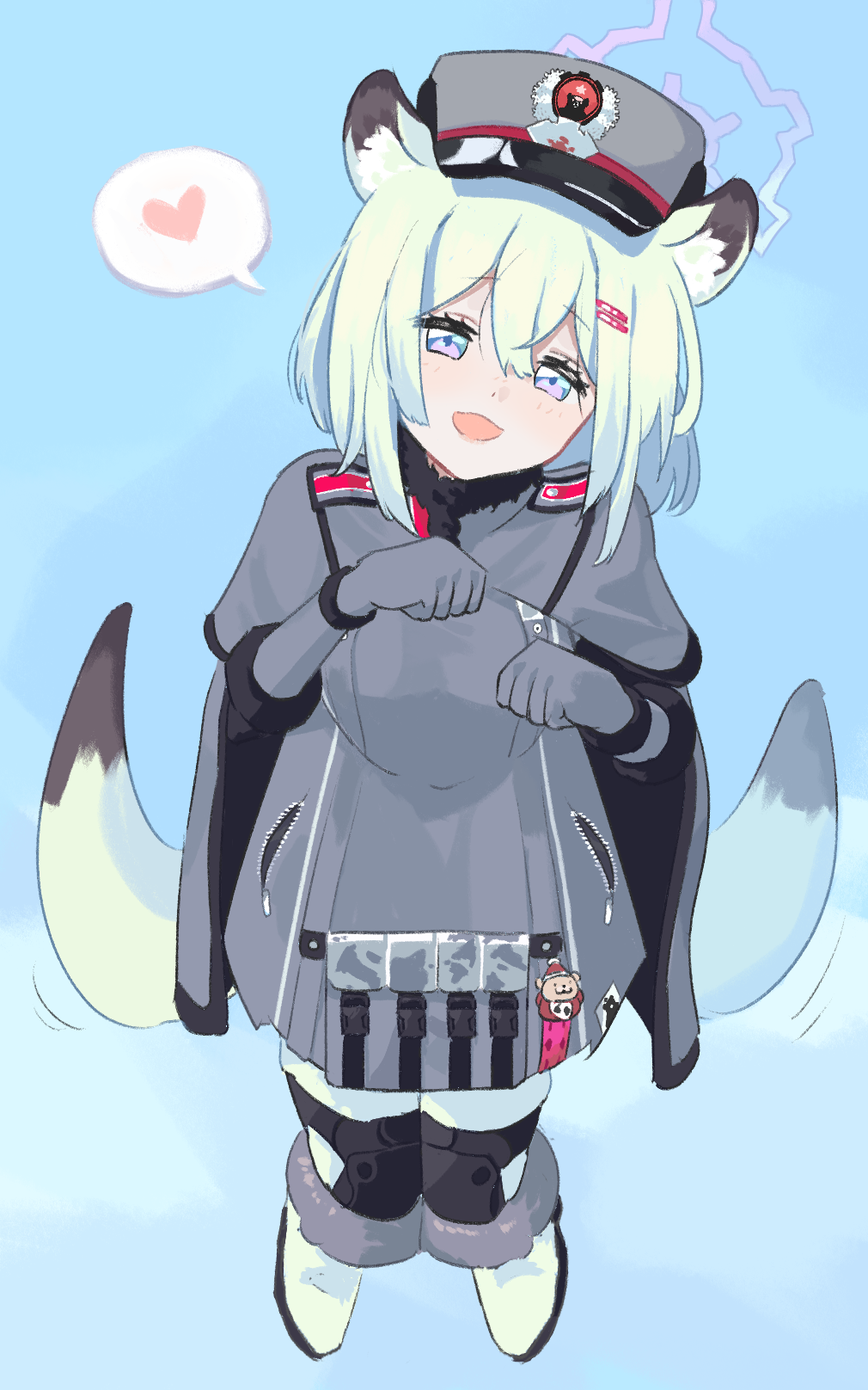 1girl :d animal_ears blue_archive blue_background cape epaulettes floating full_body fur-trimmed_cape fur_trim gloves grey_cape grey_gloves grey_headwear hair_ornament hairclip halo hat heart highres light_blush light_green_hair looking_at_viewer medium_hair military_hat pouch purple_eyes satria_(knight-san) shigure_(blue_archive) smile solo spoken_heart tail tail_wagging