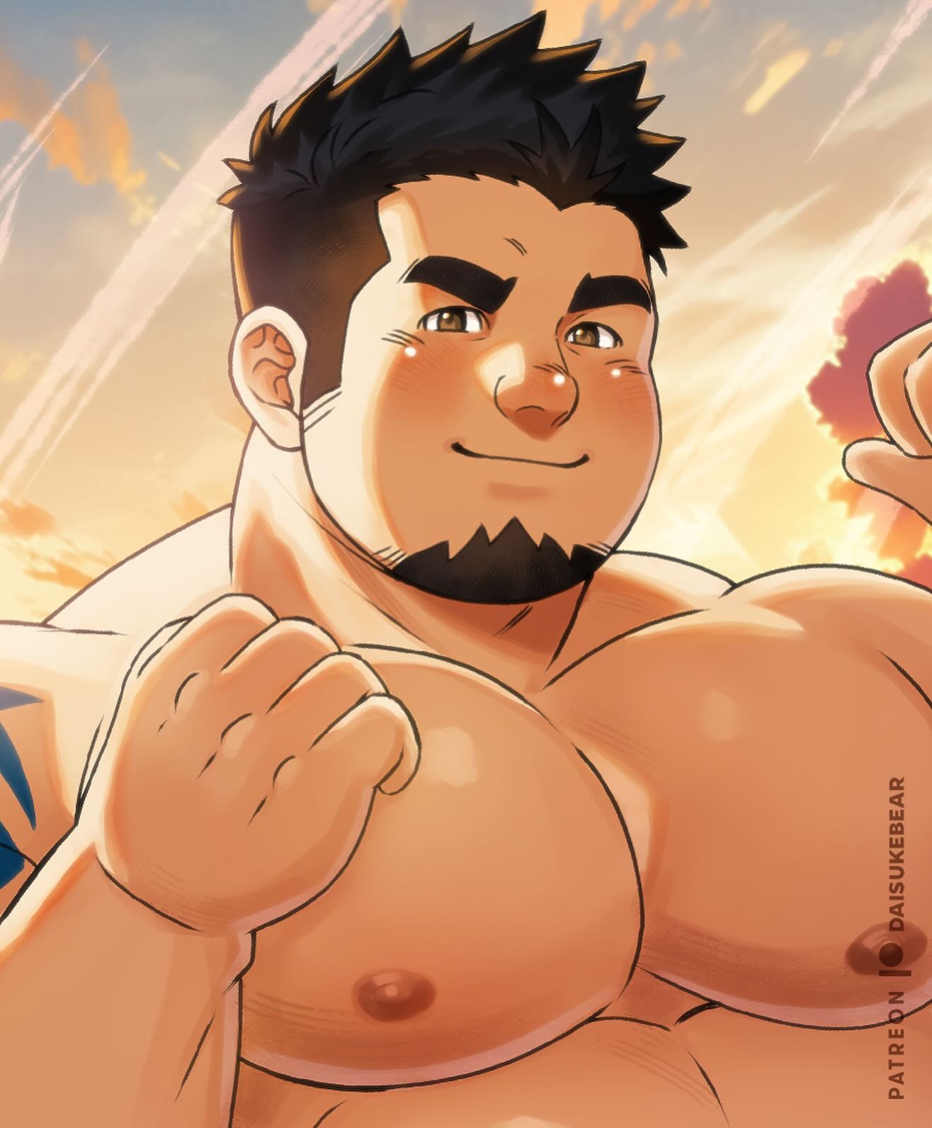 1boy bara belly blush cloud cloudy_sky crave_saga daisukebear facial_hair goatee highres large_pectorals male_focus mature_male muscular muscular_male nipples nude orange_sky original paid_reward_available pectorals plump protagonist_(crave_saga) raised_fists short_hair shoulder_tattoo sky smile solo tattoo upper_body v-shaped_eyebrows