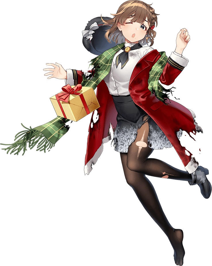 1girl akasaka_yuzu asahi_(kancolle) black_dress black_headwear box braid breasts brown_hair coat dress full_body gift gift_box gloves green_scarf grey_eyes hair_ribbon hat kantai_collection large_breasts long_sleeves official_art one_eye_closed open_mouth pantyhose red_coat ribbon sack scarf shirt short_hair single_braid solo torn_clothes torn_pantyhose transparent_background white_gloves white_shirt