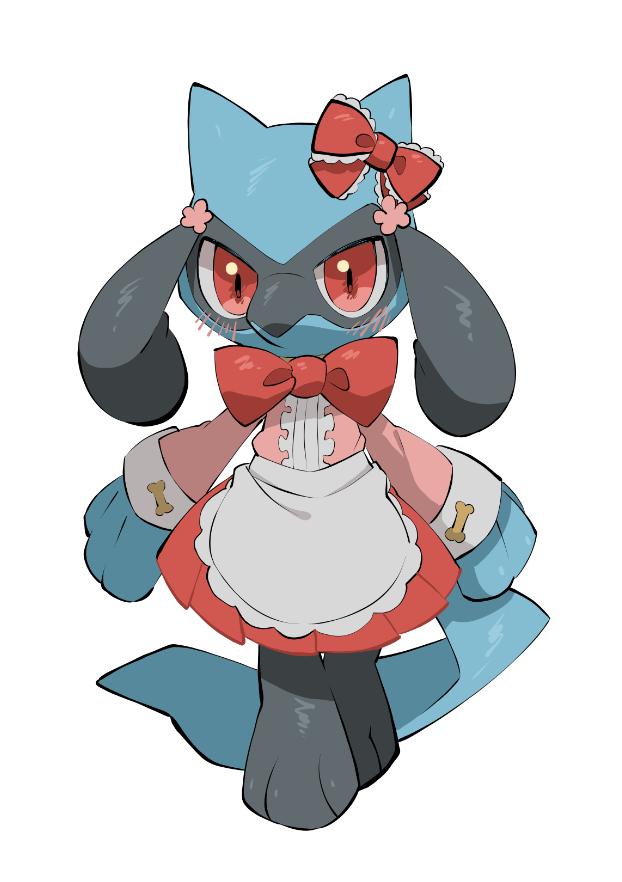 animal_focus apron blush bow bowtie full_body furry long_sleeves no_humans pleated_skirt pokemon pokemon_(creature) red_bow red_eyes red_skirt riolu simple_background skirt standing tail waist_apron white_background yumeminoideyu2