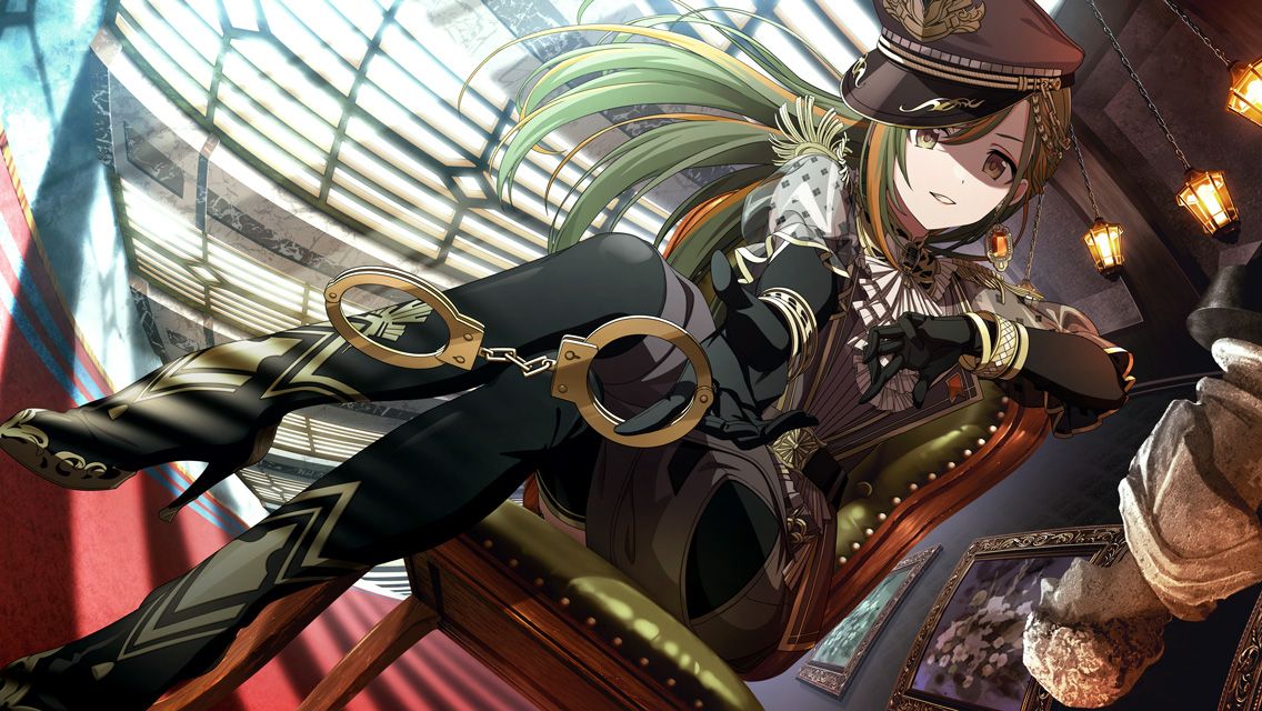 1girl ascot black_gloves boots brown_eyes chair cuffs gloves green_hair grin handcuff_dangle handcuffs hat high_heel_boots high_heels holding holding_handcuffs idolmaster idolmaster_shiny_colors lantern long_hair long_sleeves looking_at_viewer military_hat multicolored_hair nanakusa_nichika official_alternate_costume official_alternate_hairstyle official_art open_mouth shaded_face shadow sitting smile solo statue streaked_hair