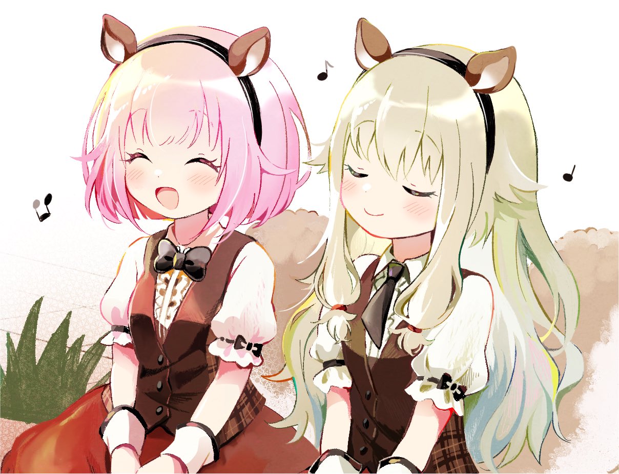 2girls animal_ears black_bow black_bowtie black_necktie bob_cut bow bowtie buttons closed_eyes closed_mouth collared_shirt commentary_request fake_animal_ears green_hair kusanagi_nene long_hair momomo_(m0_3) multiple_girls musical_note necktie ootori_emu open_mouth pink_hair project_sekai shirt short_hair short_sleeves upper_body vest